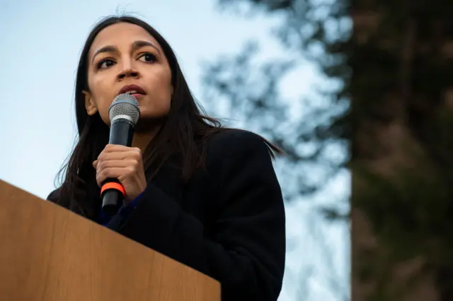 Alexandria Ocasio-Cortez addresses supporters during a campaign rally for Democratic presidential candidate Sen. Bernie Sanders on March 8, 2020 in Ann Arbor, Michigan