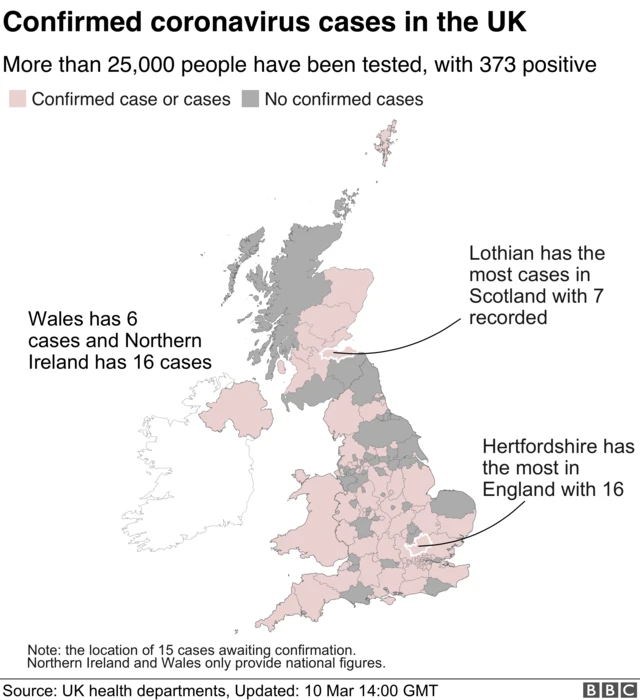 Map showing coronavirus cases in the UK