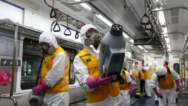 Seoul metro train is disinfected