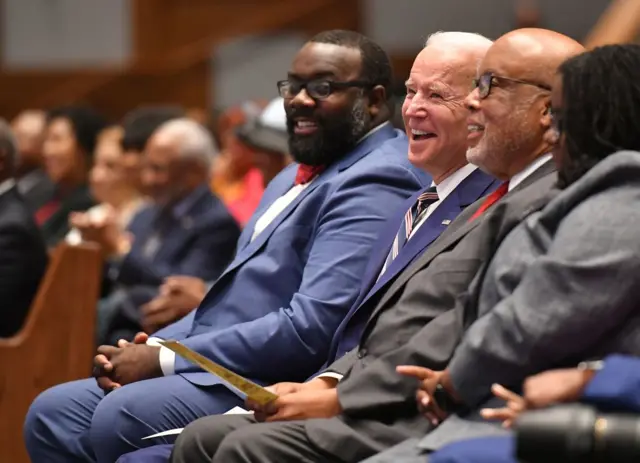 Democratic presidential candidate Joe Biden attends Sunday service at the New Hope Baptist Church in Jackson, Mississippi on March 8, 2020