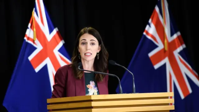 Jacinda Ardern addresses a news conference