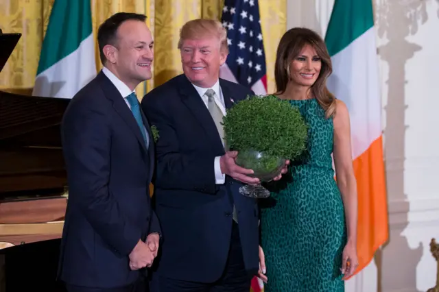 Leo Varadkar presents Donald Trump with a bowl of shamrocks at the reception in 2018