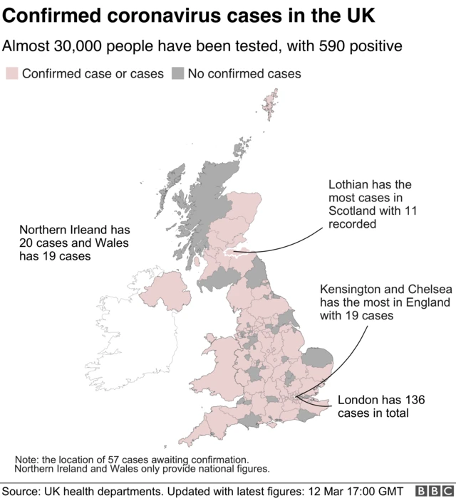 A map of confirmed cases in the UK