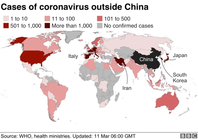 Map showing location of coronavirus casesglobally