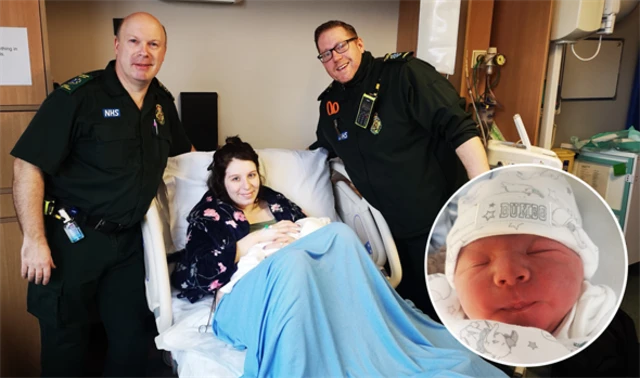 Nakita Fairbanks with Phil Rutherford (left) and paramedic Steven Clark. Inset: William