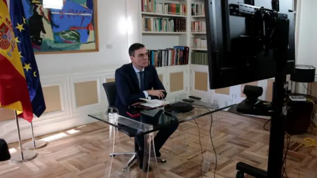 Spain's Prime Minister Pedro Sanchez earlier held a videoconference over the coronavirus outbreak, in Madrid, 13 March 2020