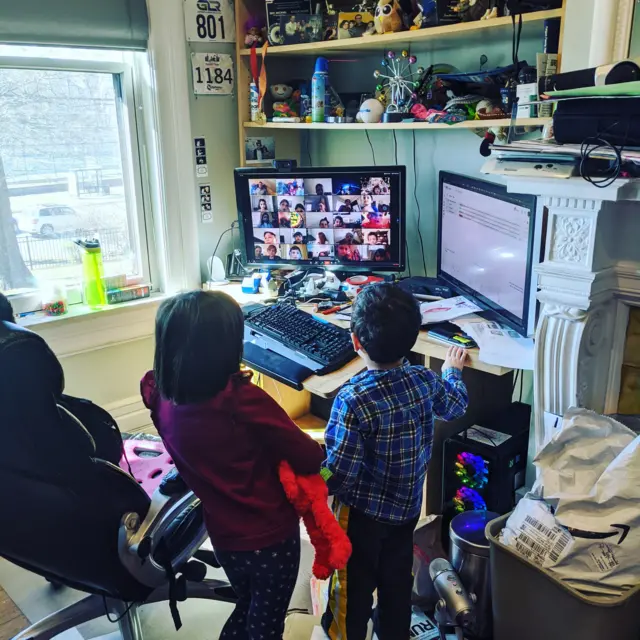 A picture of Tamar Weinberg's children during a virtual lesson at home