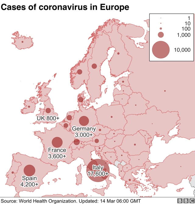 Map of new cases of coronavirus in Europe