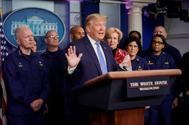 U.S. President Trump speaks during a news briefing