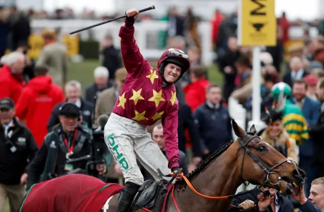 Rachael Blackmore celebrates on Minella Indo after winning the 2.50 Albert Bartlett Novices Hurdle