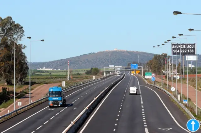 A highway highway at the border with Portugal in Badajoz, Spain.