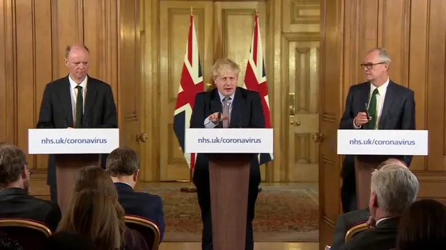 Prime Minister Boris Johnson, UK chief scientific adviser Sir Patrick Vallance and Chief medical adviser Prof Chris Whitty