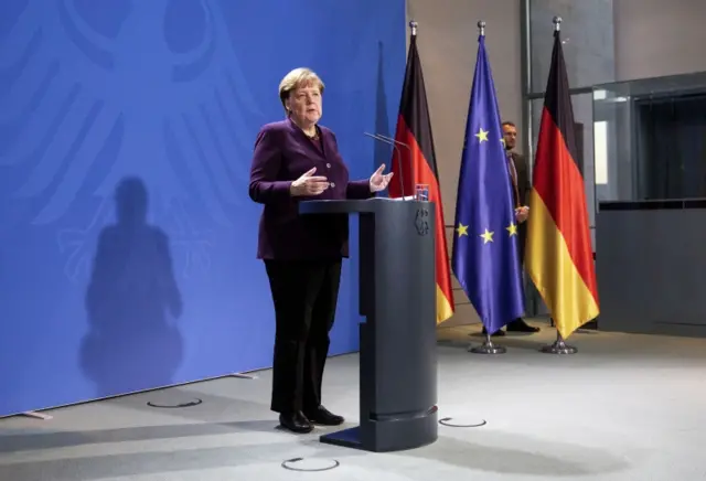 German Chancellor Angela Merkel speaks to the media at the Chancellery on 26 March, 2020 in Berlin, Germany