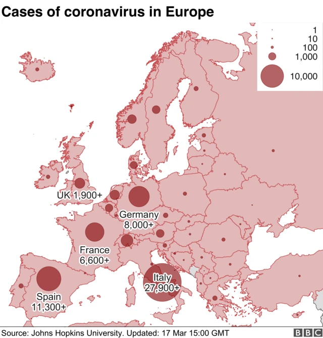 Map showing cases of coronavirus infection in Europe