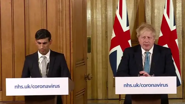 Rishi Sunak and Boris Johnson at Downing Street news conference on 17 March 2020