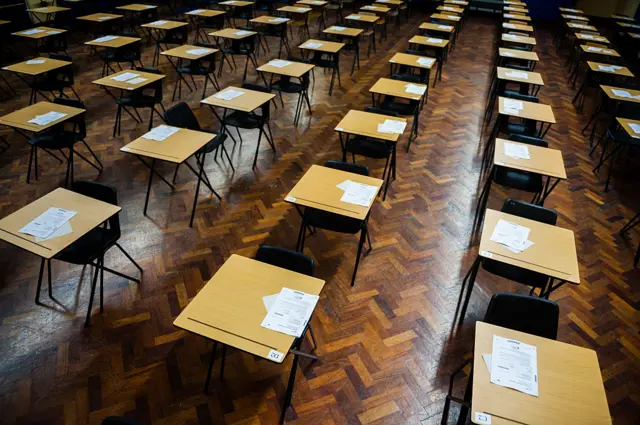 Row of examination desks in a Welsh school