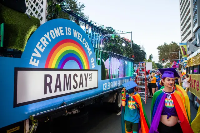 Neighbours cast on their own Ramsay street float during the 2019 SydneyGay & Lesbian Mardi Gras Parade Gay & Lesbian Mardi Gras Parade