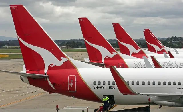 A grounded fleet of Qantas planes in Melbourne.