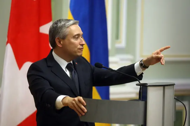 Canada's Foreign Minister Francois-Philippe Champagne delivers a speech in Kiev, Ukraine  5 March