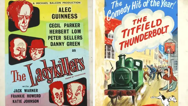 Film posters of Ealing comedies: The Ladykillers (1955) and The Titfield Thunderbolt (1953)