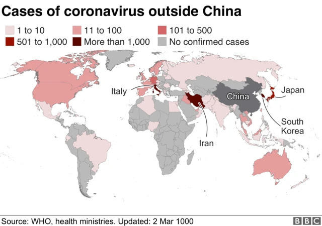 Cases of coronavirus outside China mapped