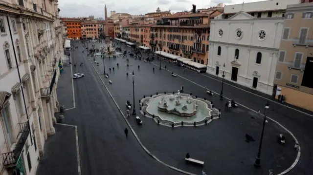 Piazza Navona, which would usually be full of tourists, in Rome, Italy, 2 March 2020