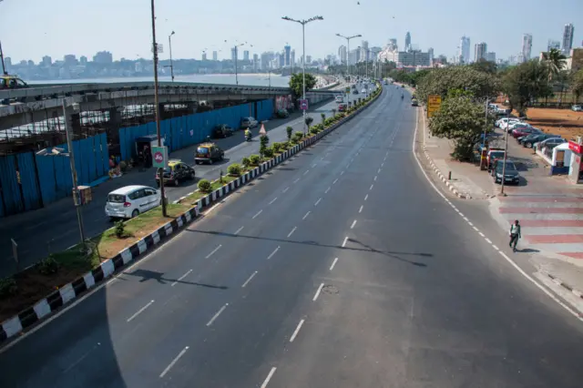 An empty road seen due to Coronavirus at Marine Drive, on March 18, 2020 in Mumbai, India.