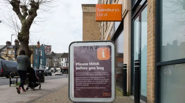 A Sainsbury's supermarket asks customers to think before they buy