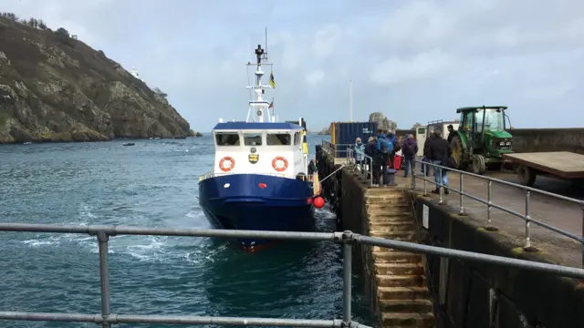 Sark Shipping vessel docking in La Maseline harbour