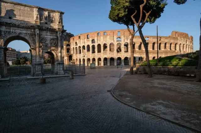 The Colosseum is deserted during the Coronavirus emergency lockdown in Rome