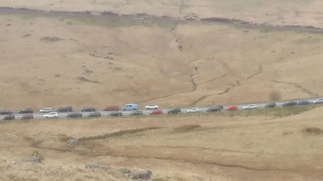 Cars lined the road at Pen y Gwryd in Snowdonia on Saturday