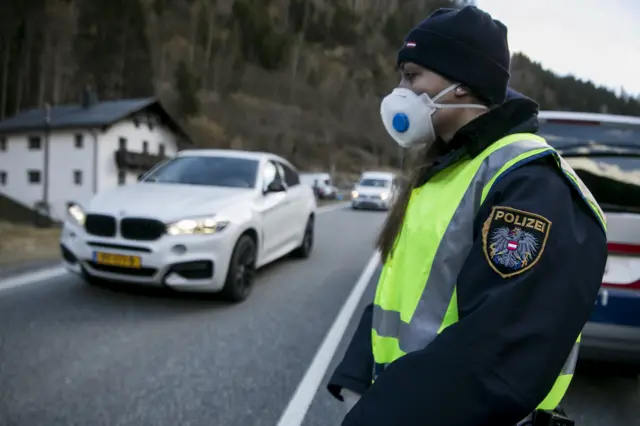 Police roadblock at the entrance to Austrian ski resort of Ischgl (13 March)