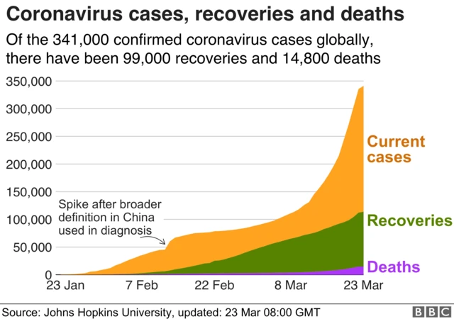 A chart shows coronavirus cases, recoveries and deaths