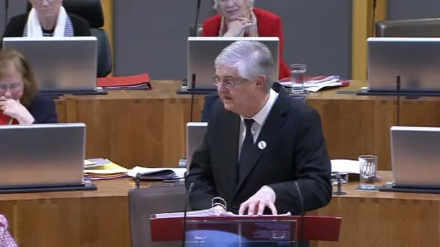 First Minister Mark Drakeford speaking in the Senedd