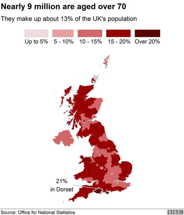 Map of % of people aged over 70