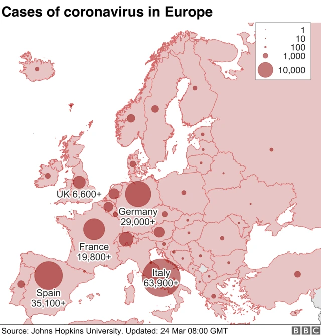 A map shows coronavirus cases in Europe