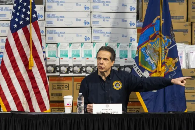 New York Governor Andrew Cuomo speaks to the media at the Javits Convention Center which is being turned into a hospital to help fight coronavirus cases on March 24, 2020 in New York City