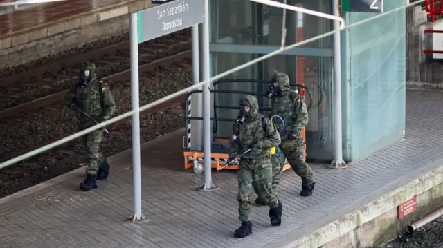 Soldiers disinfect San Sebastian Train Station on March 24, 2020