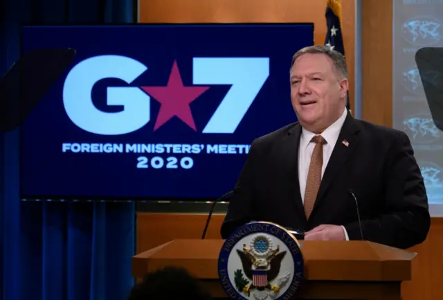 US Secretary of State Mike Pompeo speaks at a briefing in Washington after a G7 video conference. Photo: 25 March 2020