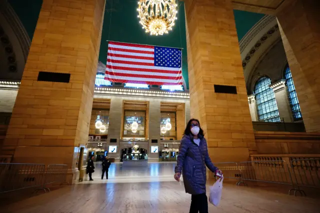 A view of a person wearing mask in Grand Central Terminal in New York