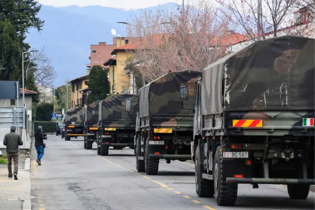 Military lorries ferry coffins in Bergamo, Italy, 26 April