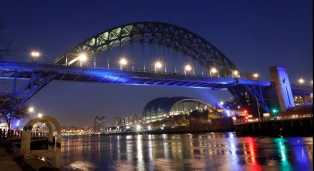 Tyne Bridge illuminated blue