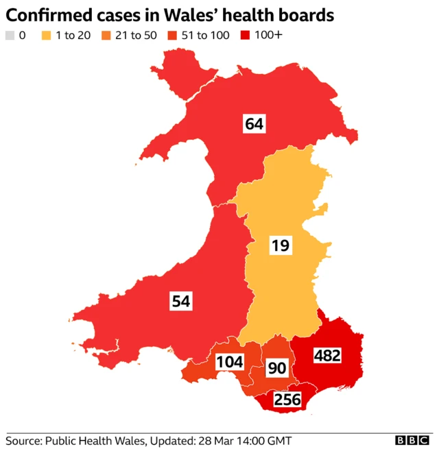 Map showing confirmed cases of coronavirus in Wales