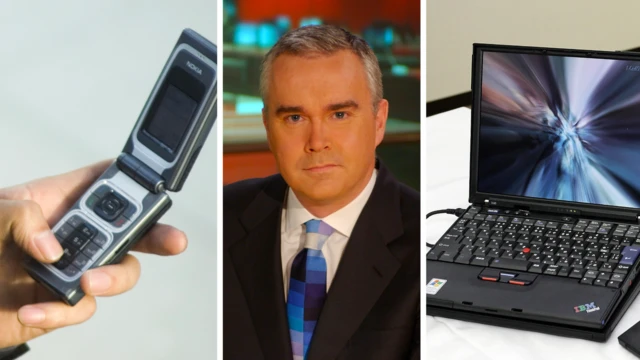 Composite image showing a mobile phone, Huw Edwards, and a laptop 15 years ago