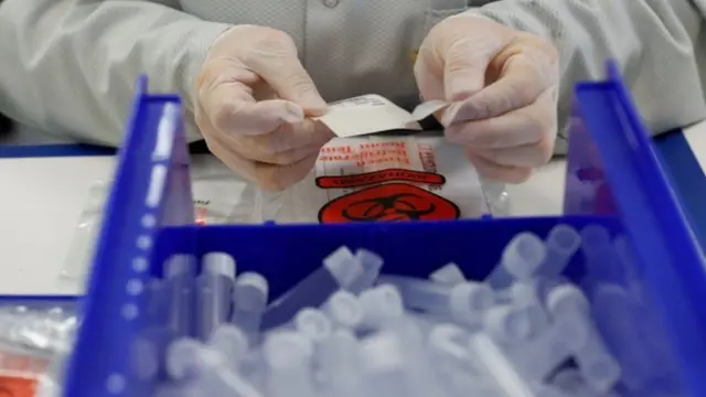 a box of empty test tubes and a pair of gloved hands