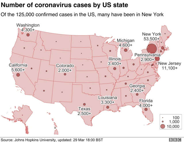 A graphic showing the number of coronavirus cases per state in the US