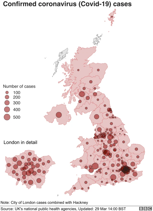 Map which plots coronavirus cases by area across the UK