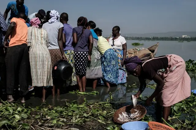 A group of women gathering to buy fish