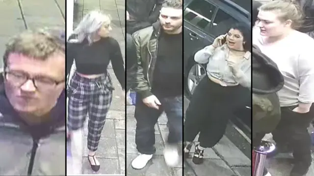 CCTV image of two men and three women