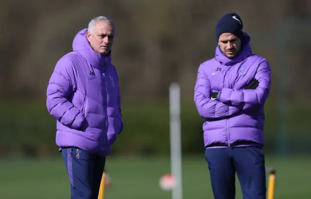 Jose Mourinho and Joao Sacramento during Spurs training